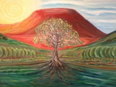 Painting of a tree with deep roots, red mountain in the background with the sun rising to the left and green trees in a straight line on either side of the tree.